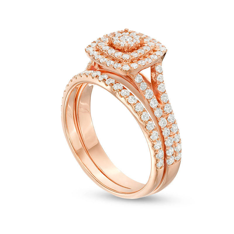 1.0 CT. T.W. Composite Natural Diamond Double Cushion Frame Bridal Engagement Ring Set in Solid 10K Rose Gold