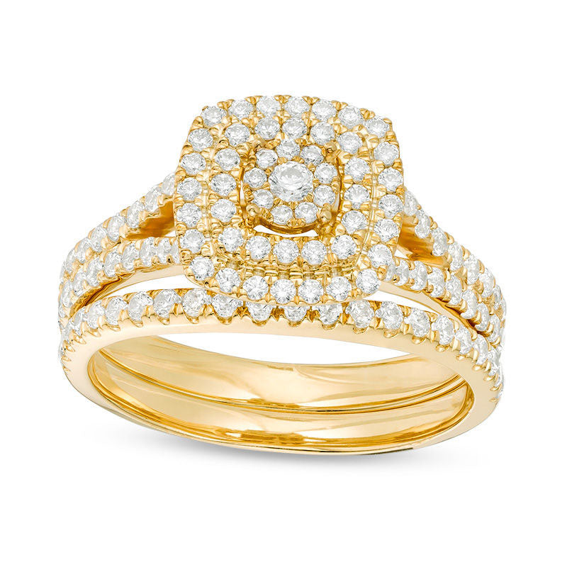 1.0 CT. T.W. Composite Natural Diamond Double Cushion Frame Bridal Engagement Ring Set in Solid 10K Yellow Gold