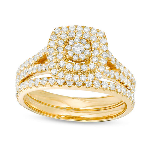 1.0 CT. T.W. Composite Natural Diamond Double Cushion Frame Bridal Engagement Ring Set in Solid 10K Yellow Gold