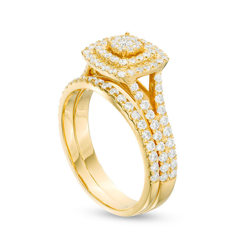 1.0 CT. T.W. Composite Natural Diamond Double Cushion Frame Bridal Engagement Ring Set in Solid 10K Yellow Gold