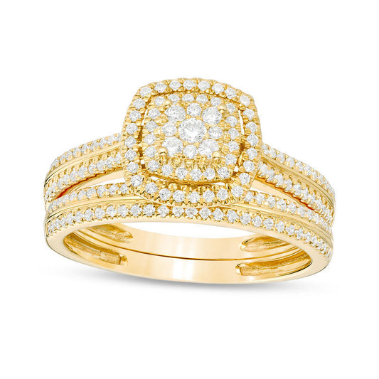 0.50 CT. T.W. Composite Natural Diamond Double Cushion Frame Bridal Engagement Ring Set in Solid 10K Yellow Gold