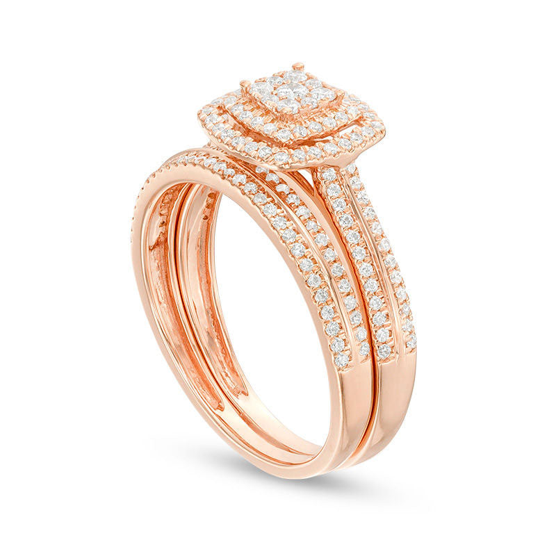 0.50 CT. T.W. Composite Natural Diamond Double Cushion Frame Bridal Engagement Ring Set in Solid 10K Rose Gold