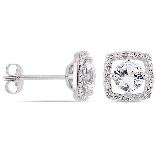 5.0mm Lab-Created White Sapphire and 0.07 CT. T.W. Diamond Cushion Frame Stud Earrings in 10K White Gold