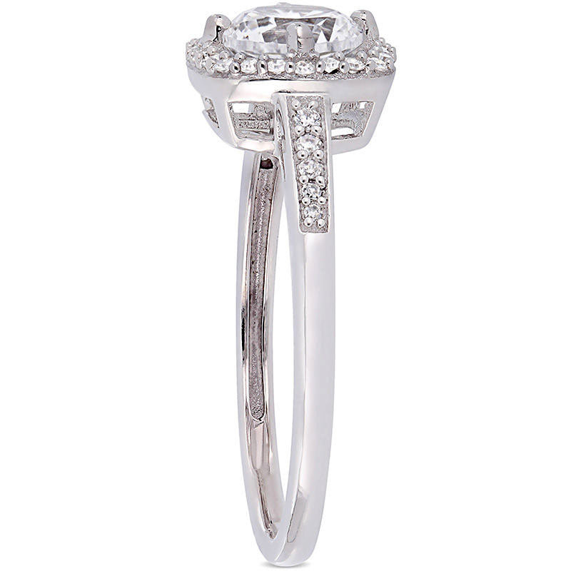 6.0mm Lab-Created White Sapphire and 0.13 CT. T.W. Diamond Cushion Frame Ring in Solid 10K White Gold