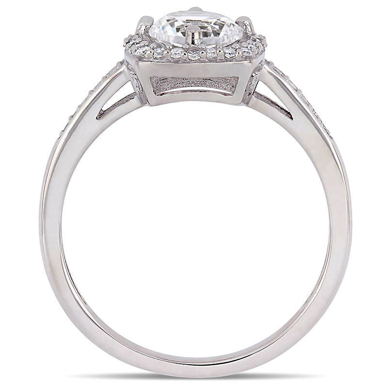 6.0mm Lab-Created White Sapphire and 0.13 CT. T.W. Diamond Cushion Frame Ring in Solid 10K White Gold