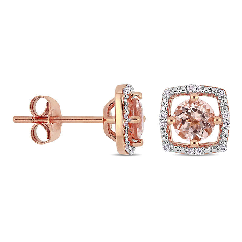 5.0mm Morganite and 0.07 CT. T.W. Diamond Cushion Frame Stud Earrings in 10K Rose Gold