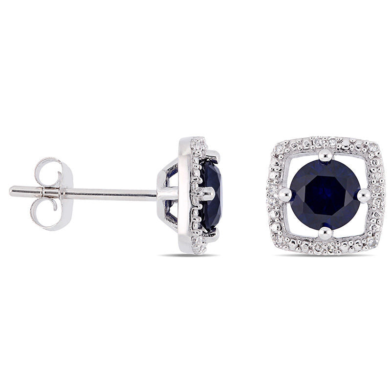 5.0mm Lab-Created Blue Sapphire and 0.07 CT. T.W. Diamond Cushion Frame Stud Earrings in 10K White Gold