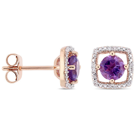 5.0mm Amethyst and 0.07 CT. T.W. Diamond Cushion Frame Stud Earrings in 10K Rose Gold