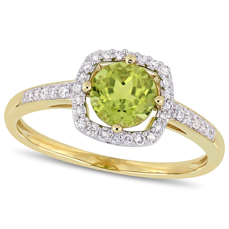 6.0mm Peridot and 0.13 CT. T.W. Natural Diamond Cushion Frame Ring in Solid 10K Yellow Gold