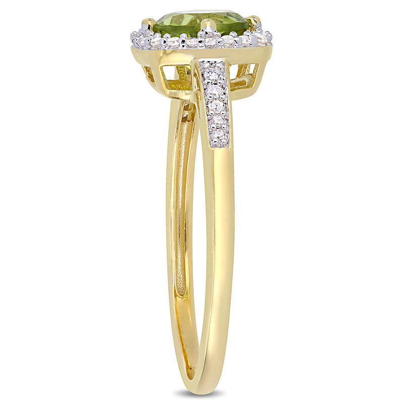 6.0mm Peridot and 0.13 CT. T.W. Natural Diamond Cushion Frame Ring in Solid 10K Yellow Gold