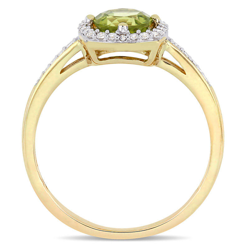 6.0mm Peridot and 0.13 CT. T.W. Natural Diamond Cushion Frame Ring in Solid 10K Yellow Gold