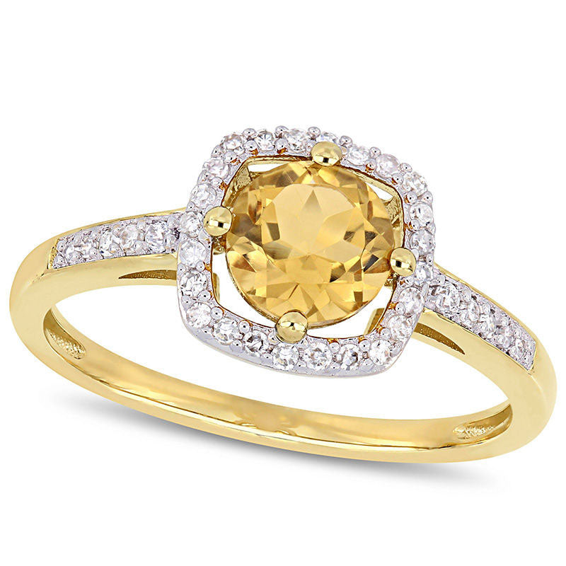 6.0mm Citrine and 0.13 CT. T.W. Natural Diamond Cushion Frame Ring in Solid 10K Yellow Gold