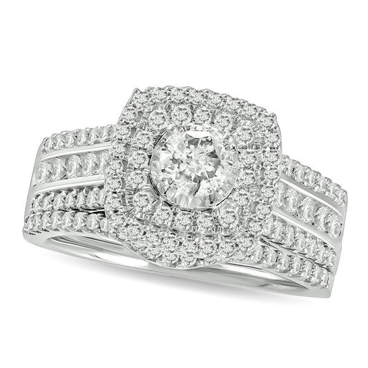 1.0 CT. T.W. Natural Diamond Double Cushion Frame Multi-Row Bridal Engagement Ring Set in Solid 10K White Gold