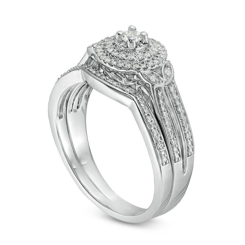 0.25 CT. T.W. Natural Diamond Double Frame Leaf-Sides Bridal Engagement Ring Set in Sterling Silver