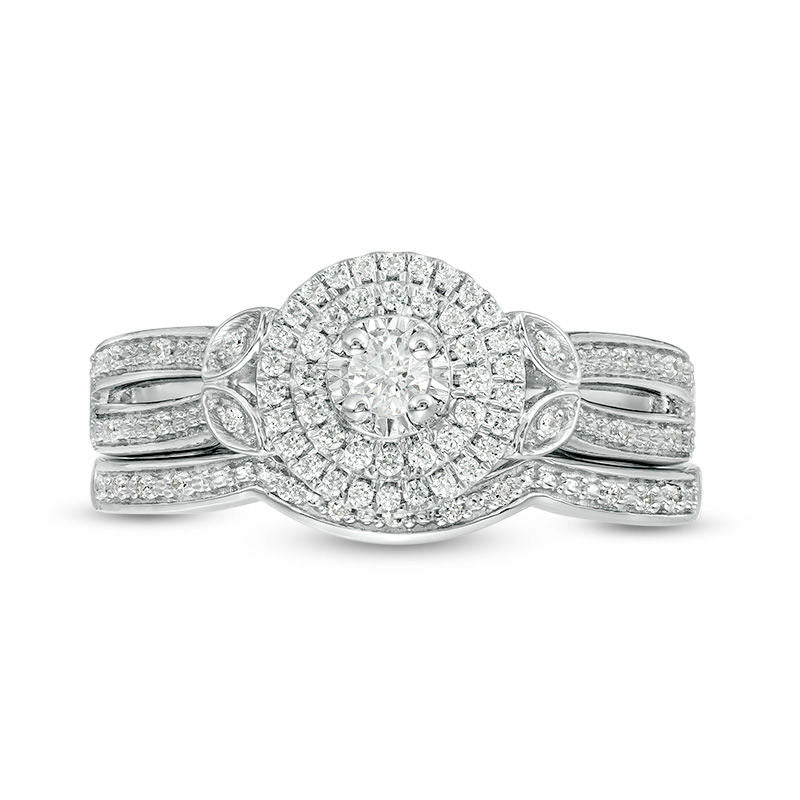 0.25 CT. T.W. Natural Diamond Double Frame Leaf-Sides Bridal Engagement Ring Set in Sterling Silver