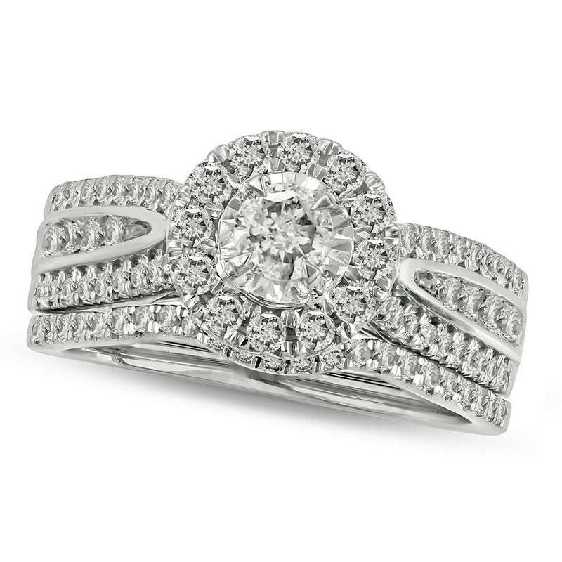 0.88 CT. T.W. Natural Diamond Frame Multi-Row Bridal Engagement Ring Set in Solid 10K White Gold