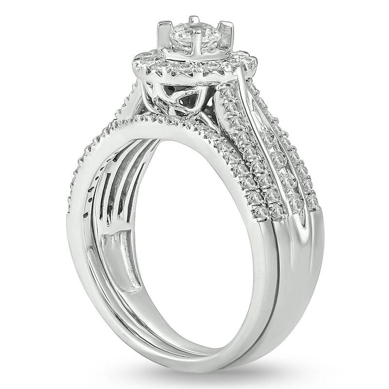 0.88 CT. T.W. Natural Diamond Frame Multi-Row Bridal Engagement Ring Set in Solid 10K White Gold