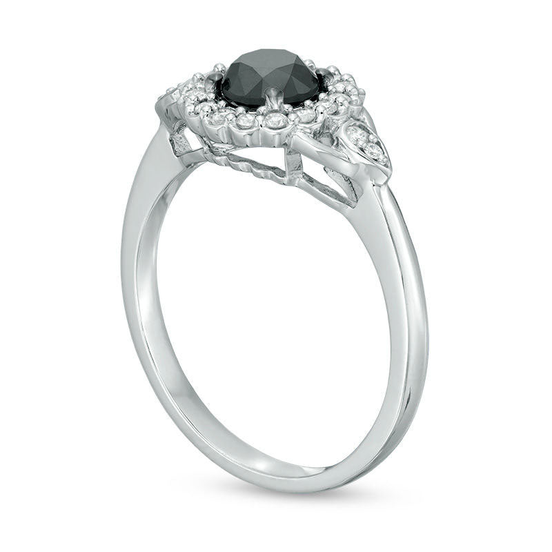 1.25 CT. T.W. Enhanced Black and White Natural Diamond Scallop Frame Engagement Ring in Solid 14K White Gold