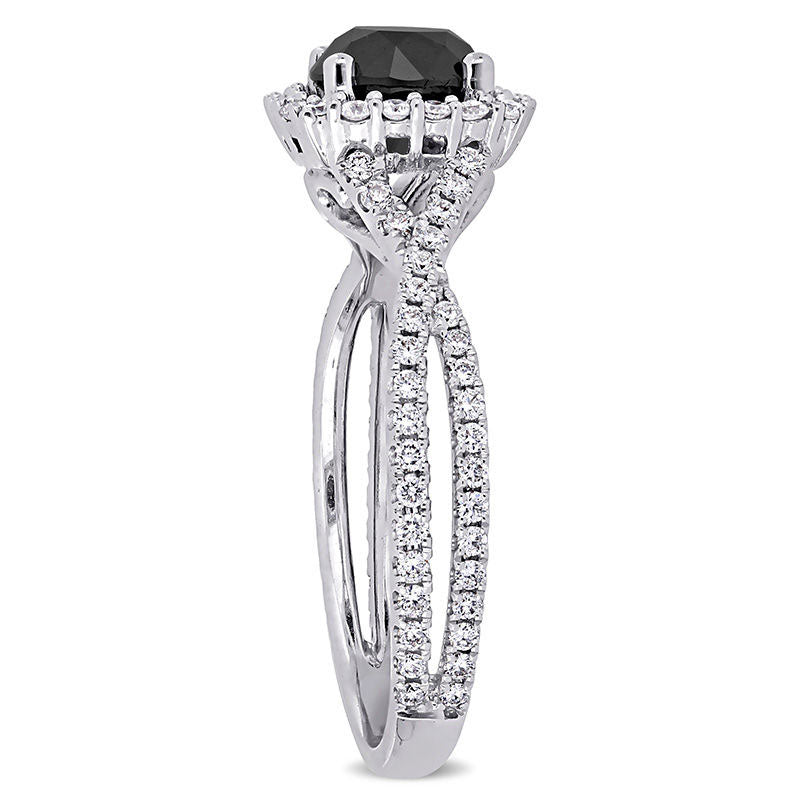 1.5 CT. T.W. Enhanced Black and White Natural Diamond Cushion Frame Twist Engagement Ring in Solid 14K White Gold