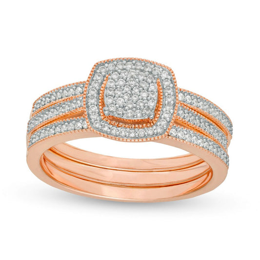 0.33 CT. T.W. Composite Natural Diamond Square Frame Three Piece Bridal Engagement Ring Set in Solid 10K Rose Gold