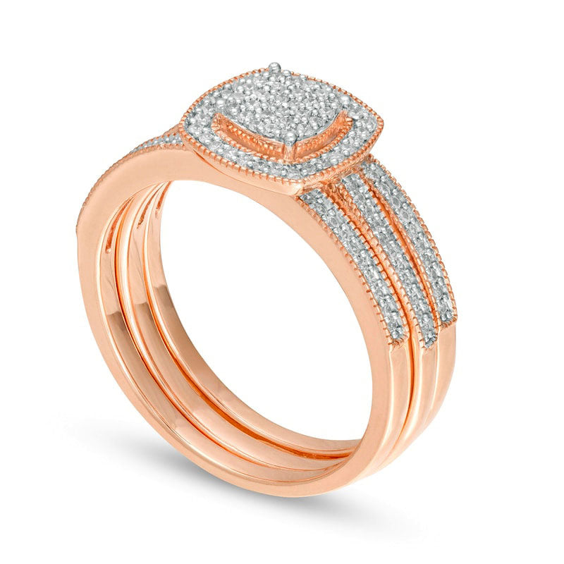 0.33 CT. T.W. Composite Natural Diamond Square Frame Three Piece Bridal Engagement Ring Set in Solid 10K Rose Gold