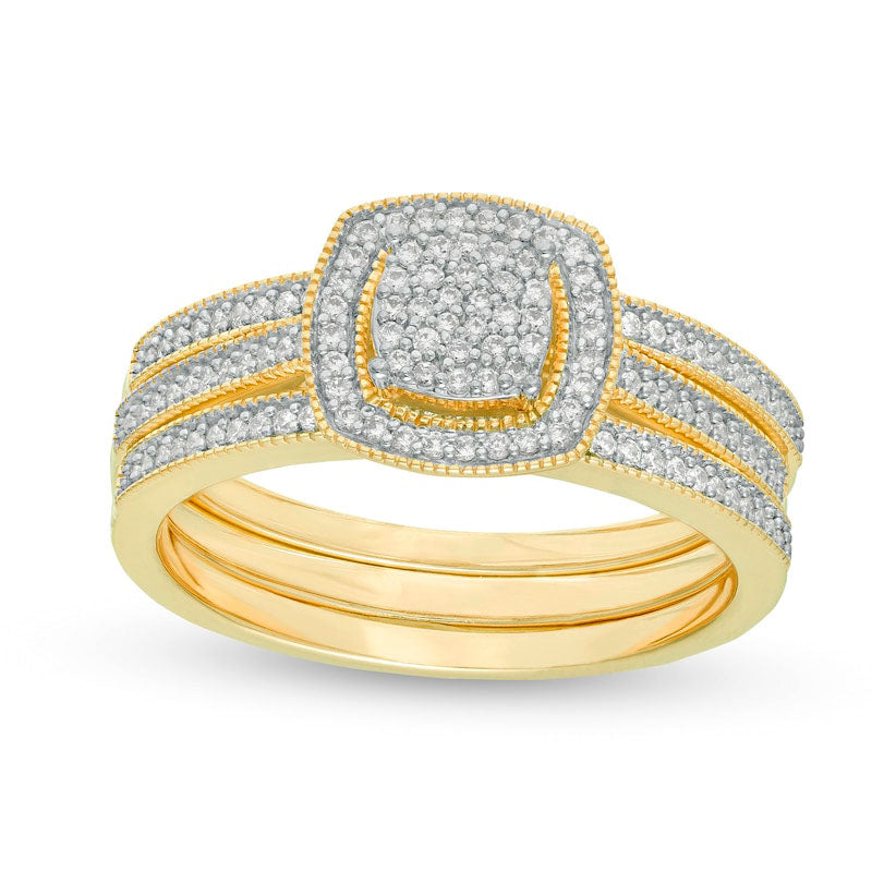 0.33 CT. T.W. Composite Natural Diamond Square Frame Three Piece Bridal Engagement Ring Set in Solid 10K Yellow Gold