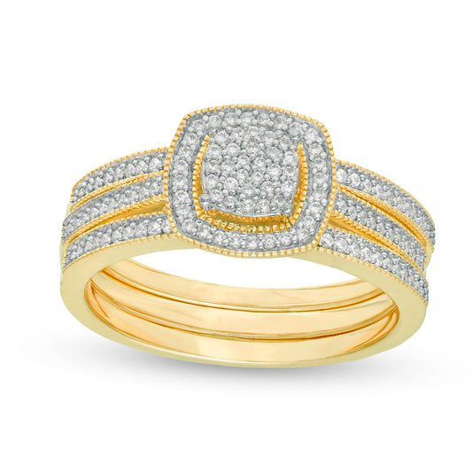 0.33 CT. T.W. Composite Natural Diamond Square Frame Three Piece Bridal Engagement Ring Set in Solid 10K Yellow Gold