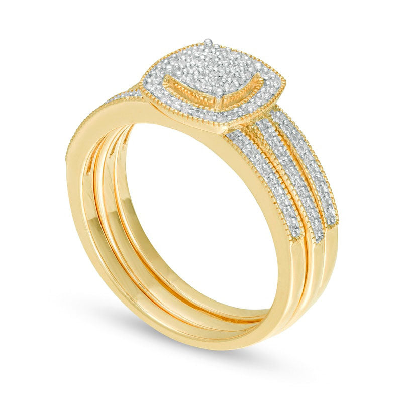 0.33 CT. T.W. Composite Natural Diamond Square Frame Three Piece Bridal Engagement Ring Set in Solid 10K Yellow Gold