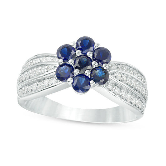 Lab-Created Blue Sapphire and 0.33 CT. T.W. Diamond Triple Row Flower Ring in Sterling Silver