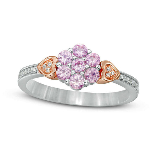 Lab-Created Pink Sapphire and 0.07 CT. T.W. Diamond Double Heart Flower Ring in Sterling Silver and Solid 10K Rose Gold