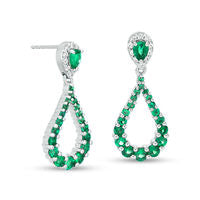 Pear-Shaped Lab-Created Emerald and White Sapphire Frame Teardrop Earrings in Sterling Silver