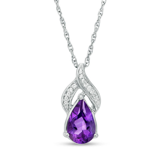 Pear-Shaped Amethyst and Natural Diamond Accent Flame Drop Pendant in Sterling Silver