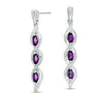 Marquise Amethyst and 0.1 CT. T.W. Diamond Cascading Frame Triple Drop Earrings in Sterling Silver