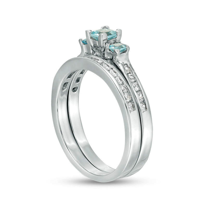 Princess-Cut Aquamarine and Lab-Created White Sapphire Three Stone Bridal Engagement Ring Set in Sterling Silver