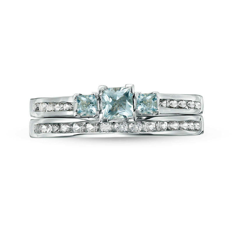 Princess-Cut Aquamarine and Lab-Created White Sapphire Three Stone Bridal Engagement Ring Set in Sterling Silver