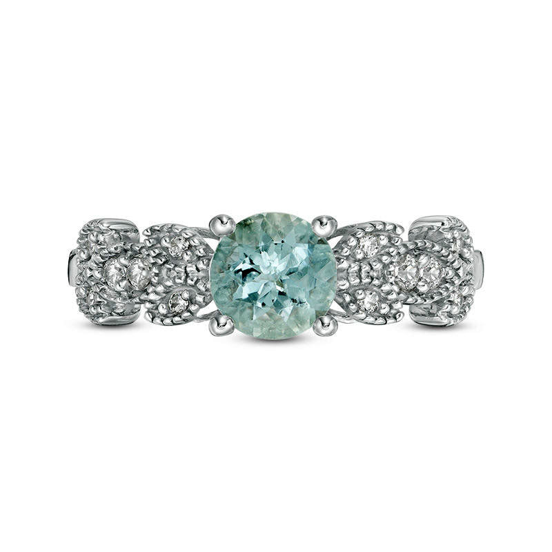 6.0mm Aquamarine and 0.13 CT. T.W. Natural Diamond Antique Vintage-Style Vine Ring in Solid 10K White Gold