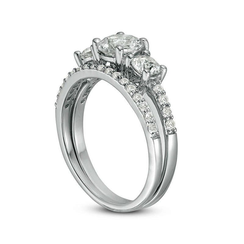 Lab-Created White Sapphire Three Stone Bridal Engagement Ring Set in Sterling Silver