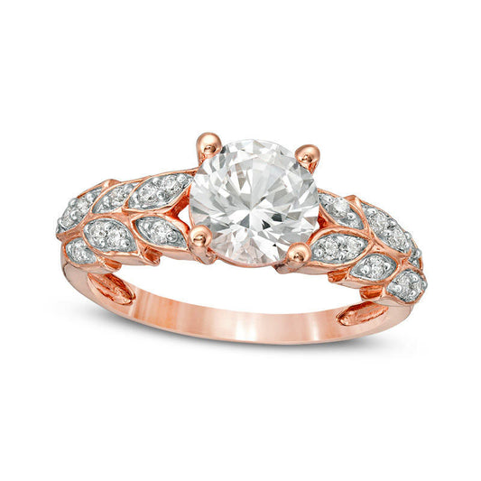 7.0mm Lab-Created White Sapphire and 0.10 CT. T.W. Diamond Leaves Ring in Sterling Silver with Solid 14K Rose Gold Plate