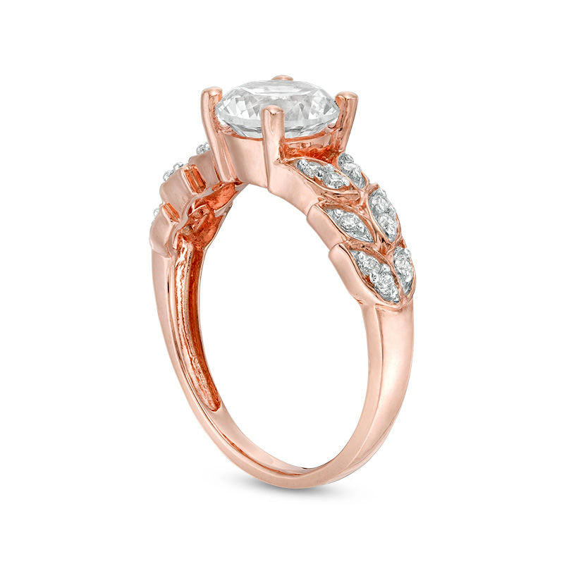 7.0mm Lab-Created White Sapphire and 0.10 CT. T.W. Diamond Leaves Ring in Sterling Silver with Solid 14K Rose Gold Plate