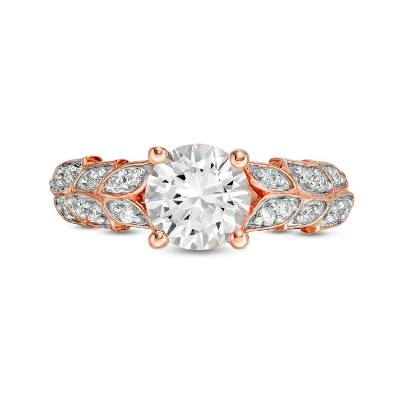 7.0mm Lab-Created White Sapphire and 0.10 CT. T.W. Diamond Leaves Ring in Sterling Silver with Solid 14K Rose Gold Plate