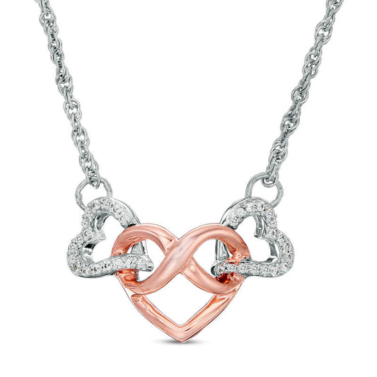 0.1 CT. T.W. Natural Diamond Infinity Heart Interlocking Necklace in Sterling Silver and 10K Rose Gold - 17.38"