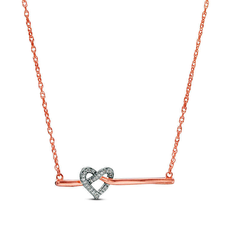 0.05 CT. T.W. Natural Diamond Love Knot Heart Bar Necklace in 10K Rose Gold - 16.37"