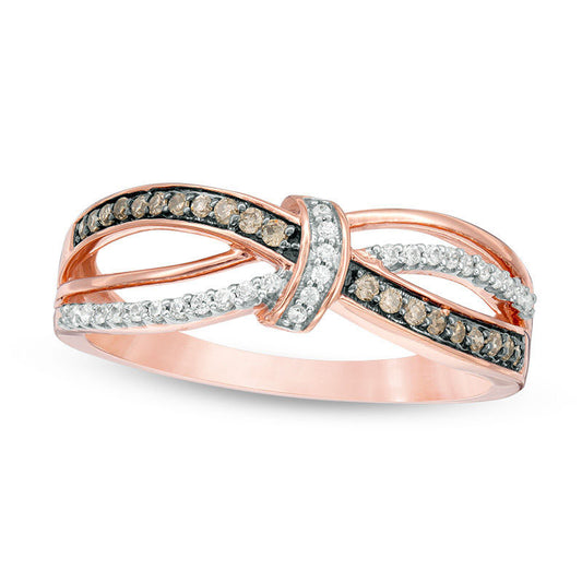 0.20 CT. T.W. Champagne and White Natural Diamond Knot Wave Ring in Solid 10K Rose Gold