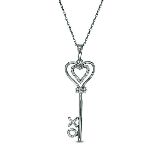 0.1 CT. T.W. Natural Diamond "XO" Heart-Top Key Pendant in Sterling Silver