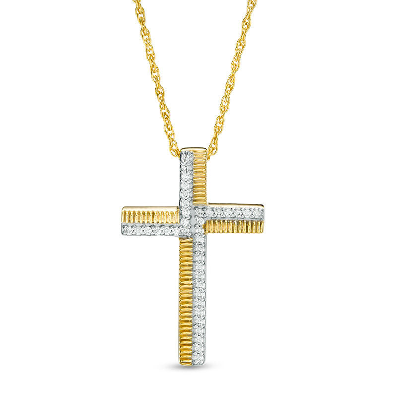 0.13 CT. T.W. Natural Diamond and Textured Cross Pendant in Sterling Silver with 14K Gold Plate