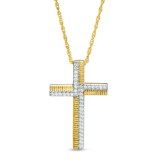 0.13 CT. T.W. Natural Diamond and Textured Cross Pendant in Sterling Silver with 14K Gold Plate