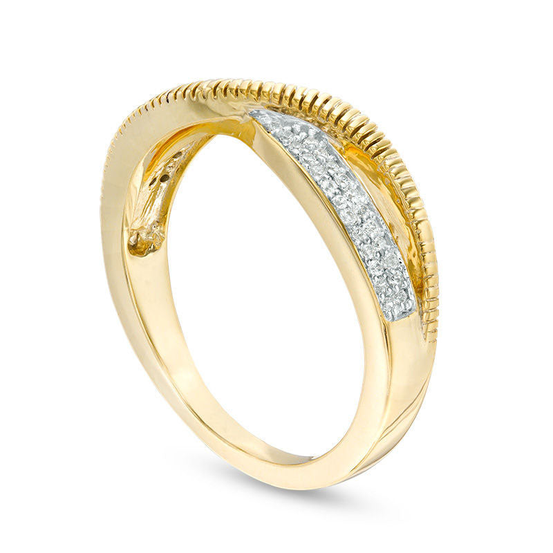 0.17 CT. T.W. Natural Diamond and Textured Double Row Crossover Ring in Solid 10K Yellow Gold