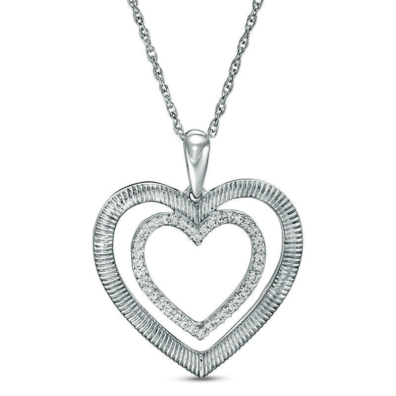 0.13 CT. T.W. Natural Diamond and Textured Double Heart Pendant in Sterling Silver