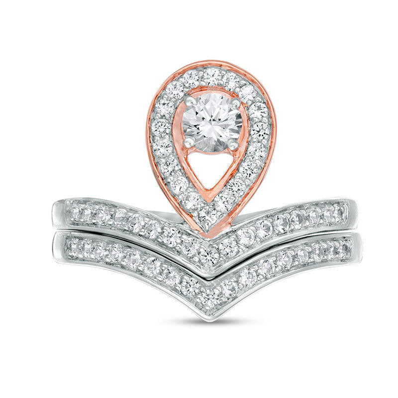 4.0mm Lab-Created White Sapphire Pear-Shaped Frame Chevron Bridal Engagement Ring Set in Sterling Silver and Solid 10K Rose Gold