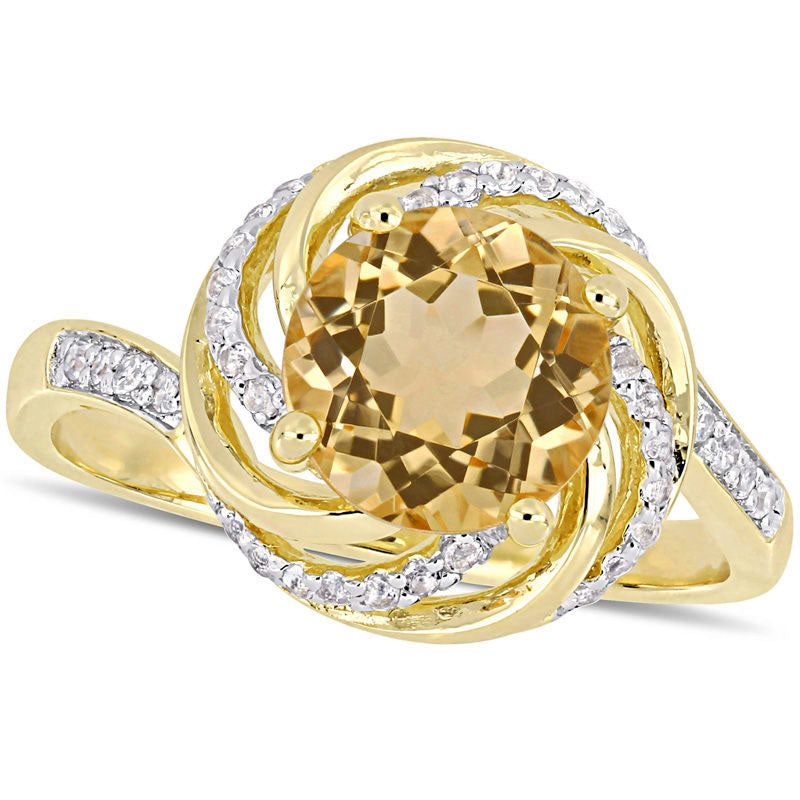 8.0mm Citrine and White Topaz with 0.05 CT. T.W. Swirl Frame Ring in Sterling Silver with Yellow Rhodium